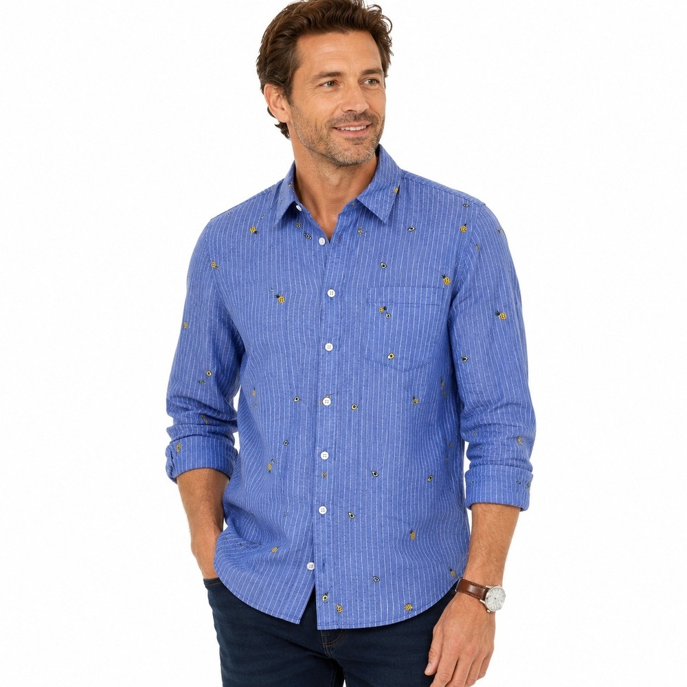 Old Navy Pineapple Avocado Embroidered Striped Button Down Top Blue Size M